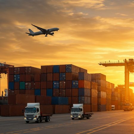 shipping-port-sunset-cargo-airplanes-trucks