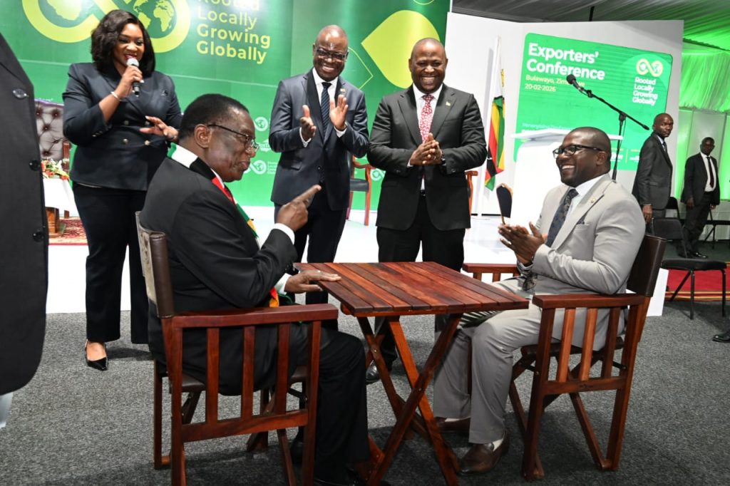The President of the Republic of Zimbabwe, H.E Dr. E.D Mnangagwa shares a lighter moment with the Minister of Industry and Commerce Hon. N.M. Ndhlovu during 2026 Exporters Conference